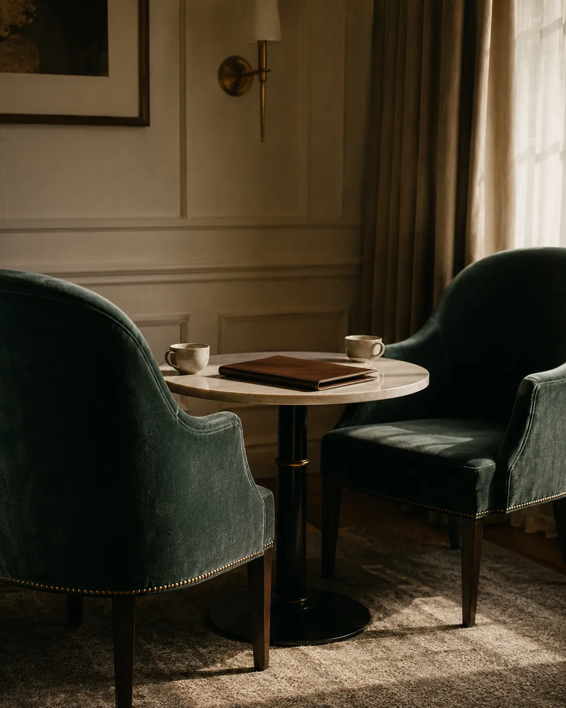 Two green velvet armchairs drawn up to a small round marble table set with a leather folio and two coffee cups.