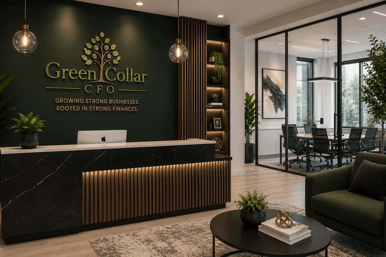 The Green Collar CFO office: a marble reception desk and a warm wood-slat wall, with a glass-walled meeting room and lounge seating beyond